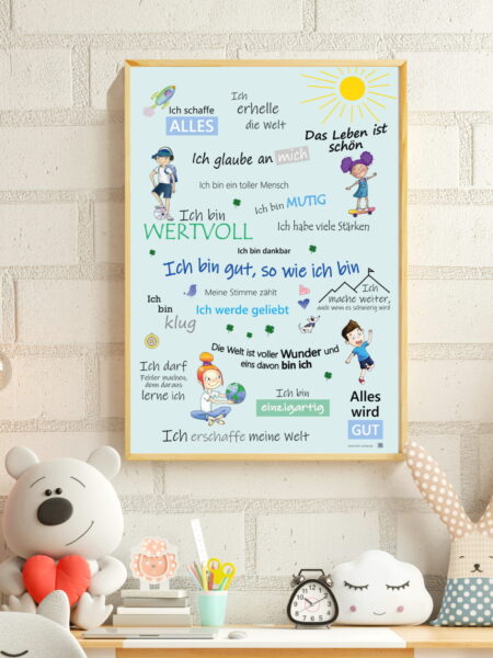 AnLe Verlag Positive Affirmationen Poster für Kinder, blau.Kinderzimmerdeko blau schönes Poster für Kinder